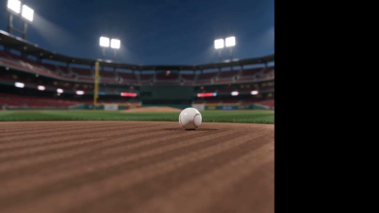 Pelota de béisbol sobre el campo de un estadio nocturno