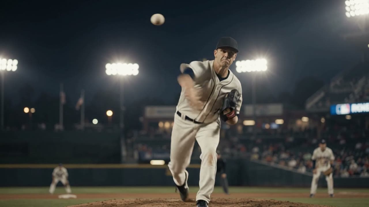 Baseball pitcher delivering a pitch under the stadium lights